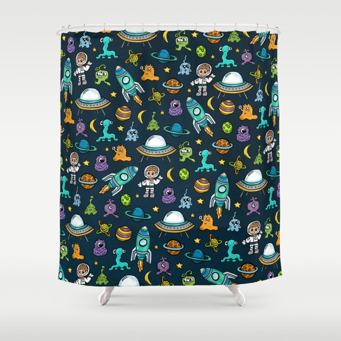 Deep Space, Night Sky, Rocket Ship, UFO, Space Alien, Astronaut, Outer Space Shower Curtain