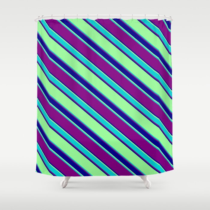 Green, Dark Turquoise, Purple, and Dark Blue Colored Striped Pattern Shower Curtain