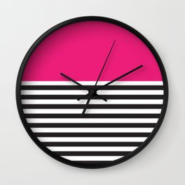 Hot Pink Magenta and Black and White Stripe Wall Clock