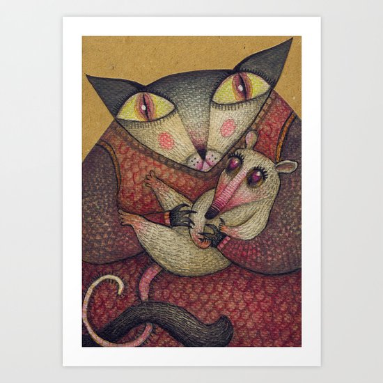 Little orphaned rat adopted by Mother Cat Art Print