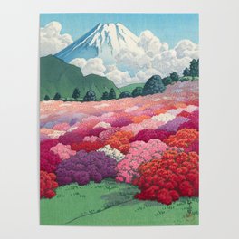 View Of An Azalea Garden And Mt. Fuji - Vintage Japanese Woodblock Print By Hasui Kawase Poster