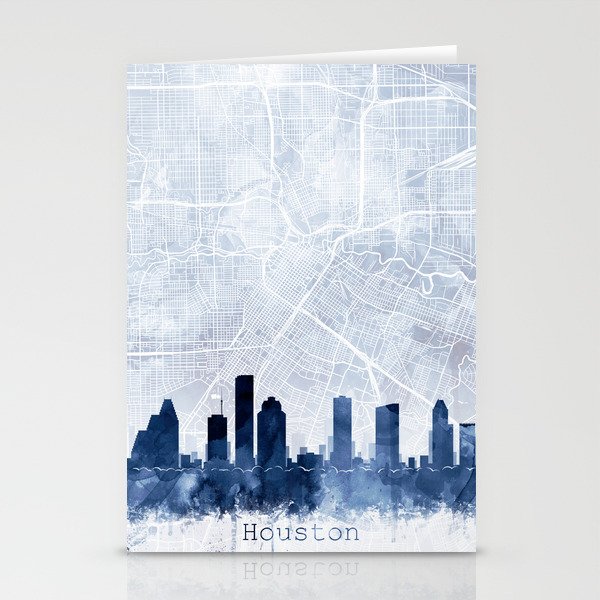 Houston Skyline & Map Watercolor Navy Blue, Print by Zouzounio Art Stationery Cards