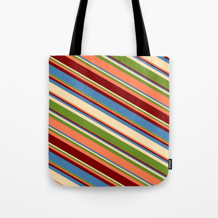 Blue, Beige, Green, Coral, and Maroon Colored Lined Pattern Tote Bag