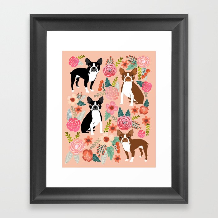 Boston Terrier cute floral pattern spring summer happy pet portrait dog person gift must haves dogs Framed Art Print