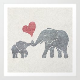 Elephant Hugs with Heart in Muted Gray and Red Art Print