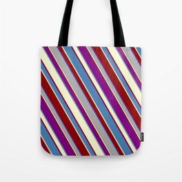 [ Thumbnail: Colorful Purple, Blue, Dark Grey, Light Yellow, and Dark Red Colored Striped/Lined Pattern Tote Bag ]