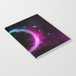 Synthwave Vaporwave Retrowave Glitch Circle with blue and pink glows with smoke and particles on laser grid space background.  Notebook