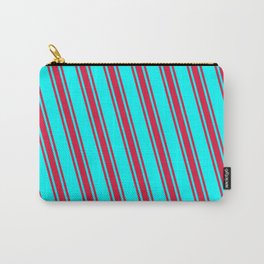[ Thumbnail: Cyan & Crimson Colored Stripes Pattern Carry-All Pouch ]