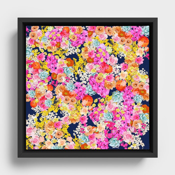 Bright Summer Vintage Inspired Floral Print on Navy  Framed Canvas