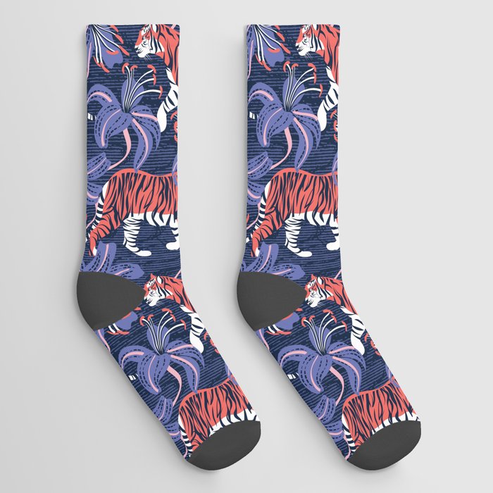 Tigers in a tiger lily garden // textured navy blue background coral wild animals very peri flowers Socks