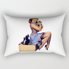 Brunette Pin Up Blue Skirt And Shoes Two Dogs Puppies Rectangular Pillow