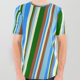 [ Thumbnail: Vibrant Sienna, Sky Blue, Blue, Light Yellow, and Dark Green Colored Striped Pattern All Over Graphic Tee ]