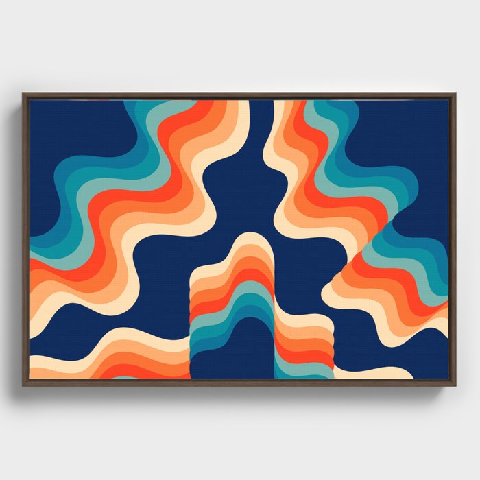 Retro 70s and 80s Color Palette Cave Blue and Orange Mid-Century Minimalist Abstract Art Framed Canvas