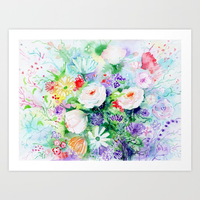 Watercolor Painting Good Mood Flowers Art Print By Chengjing