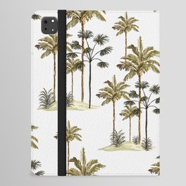 Tropical vintage botanical landscape, palm tree, banana tree, plant floral seamless border on a white background. Exotic green jungle wallpaper.  iPad Folio Case