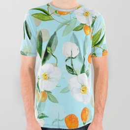 mediterranean summer kumquat and orchid branches on turquoise All Over Graphic Tee