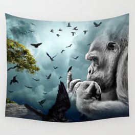 Gorilla discovers crows by GEN Z Wall Tapestry | Fantastic, Crows, Blue, Sky, Black, Giant, Digitalart, Moon, Green, Clouds 