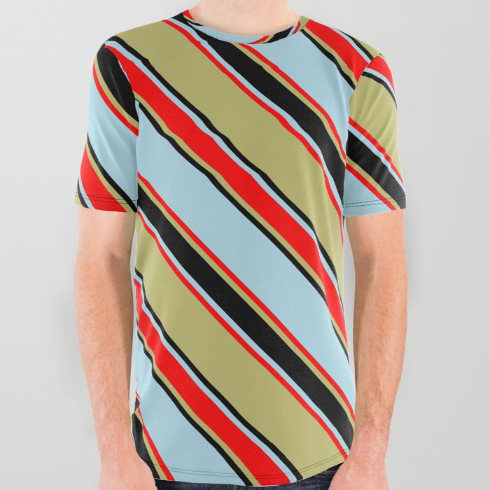 Dark Khaki, Black, Light Blue & Red Colored Pattern of Stripes All Over Graphic Tee