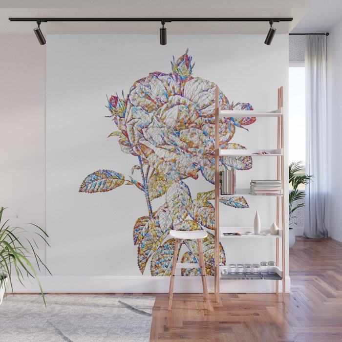Floral Giant French Rose Mosaic on White Wall Mural