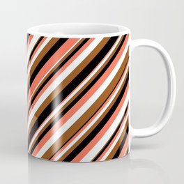 [ Thumbnail: Red, Mint Cream, Brown, and Black Colored Striped/Lined Pattern Coffee Mug ]