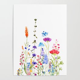 colorful wild flowers watercolor painting Poster