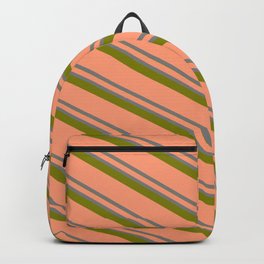[ Thumbnail: Light Salmon, Grey & Green Colored Lined/Striped Pattern Backpack ]