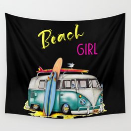 Beach Girl - Retro Van, Surfboard, and Seagull Wall Tapestry