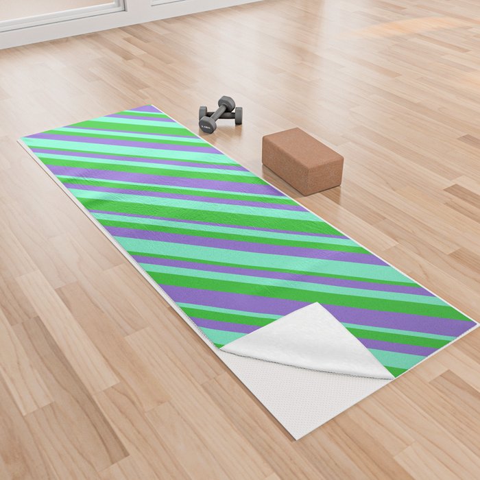 Aquamarine, Lime Green, and Purple Colored Striped/Lined Pattern Yoga Towel