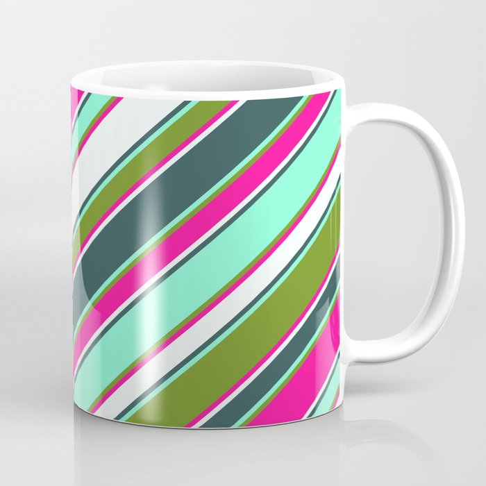 Vibrant Deep Pink, Mint Cream, Dark Slate Gray, Aquamarine, and Green Colored Lines/Stripes Pattern Coffee Mug