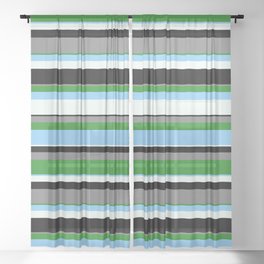 [ Thumbnail: Gray, Forest Green, Light Sky Blue, Mint Cream & Black Colored Lines/Stripes Pattern Sheer Curtain ]