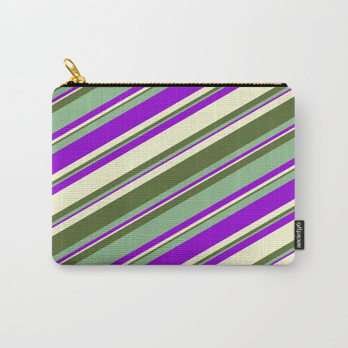 Dark Sea Green, Dark Violet, Light Yellow & Dark Olive Green Colored Stripes Pattern Carry-All Pouch