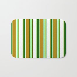 [ Thumbnail: Dark Goldenrod, Green, White & Dark Green Colored Striped Pattern Bath Mat ]
