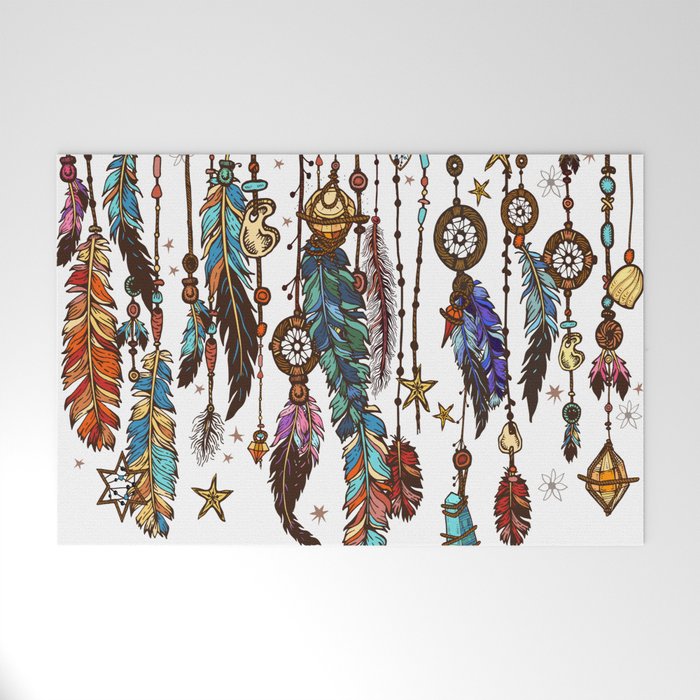 Feathers and crystals in aztec style Welcome Mat