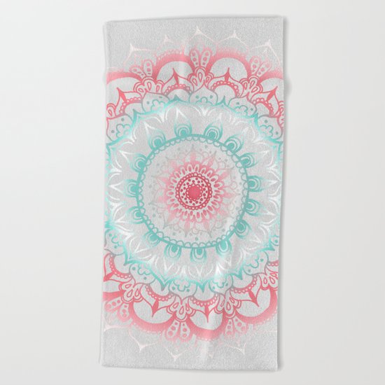 Teal & Coral Glow Medallion Beach Towel