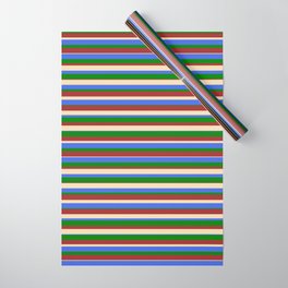 [ Thumbnail: Tan, Royal Blue, Green, and Brown Colored Stripes/Lines Pattern Wrapping Paper ]