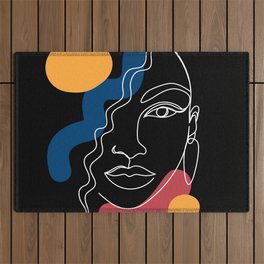 African woman in a line art style with abstract shapes on a black background. Outdoor Rug