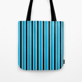 [ Thumbnail: Deep Sky Blue, Black, and Light Yellow Colored Lines Pattern Tote Bag ]