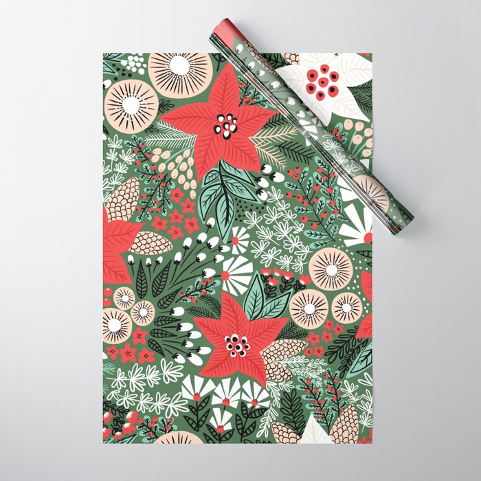 Christmas Holiday Flowers Poinsettia Green Red White Pattern Wrapping Paper  by Sandra Hutter