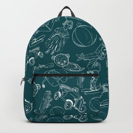 Teal Blue and White Toys Outline Pattern Backpack