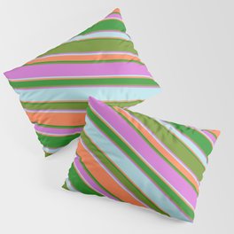 [ Thumbnail: Eyecatching Green, Orchid, Powder Blue, Coral & Forest Green Colored Lined Pattern Pillow Sham ]