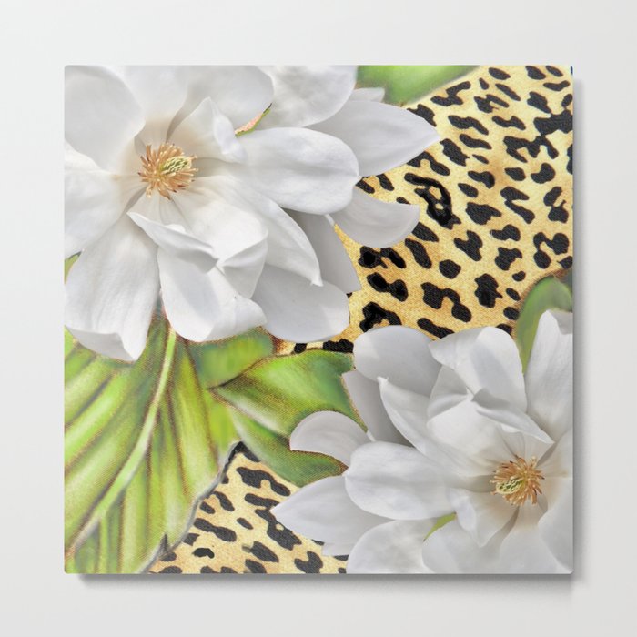Magnolias on a Leopard Skin Pattern Metal Print