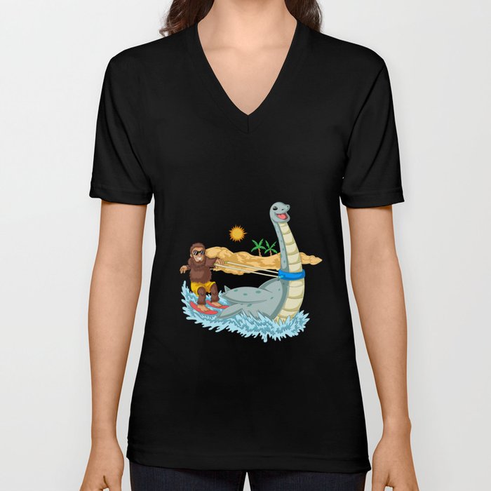 Bigfoot Riding Loch Ness V Neck T Shirt
