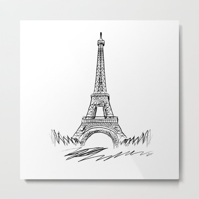 Eiffel Tower minimalist black and white illustration Metal Print
