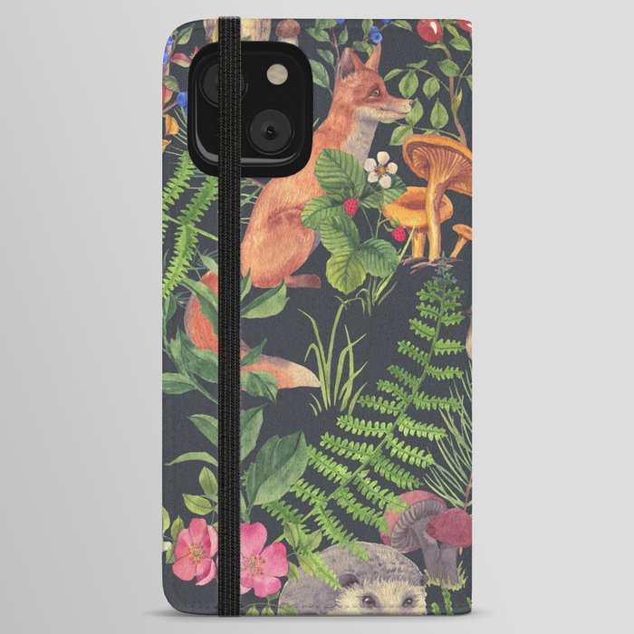 Hand drawn seamless pattern with watercolor forest animals and plants. Pattern for kids wood inhabitants, cute animals iPhone Wallet Case
