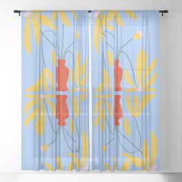 Swirly Floral Illustration in Mustard on Baby Blue Sheer Curtain
