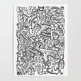Black and White Graffiti Hand Drawn Ink Marker Animals Party's  Poster