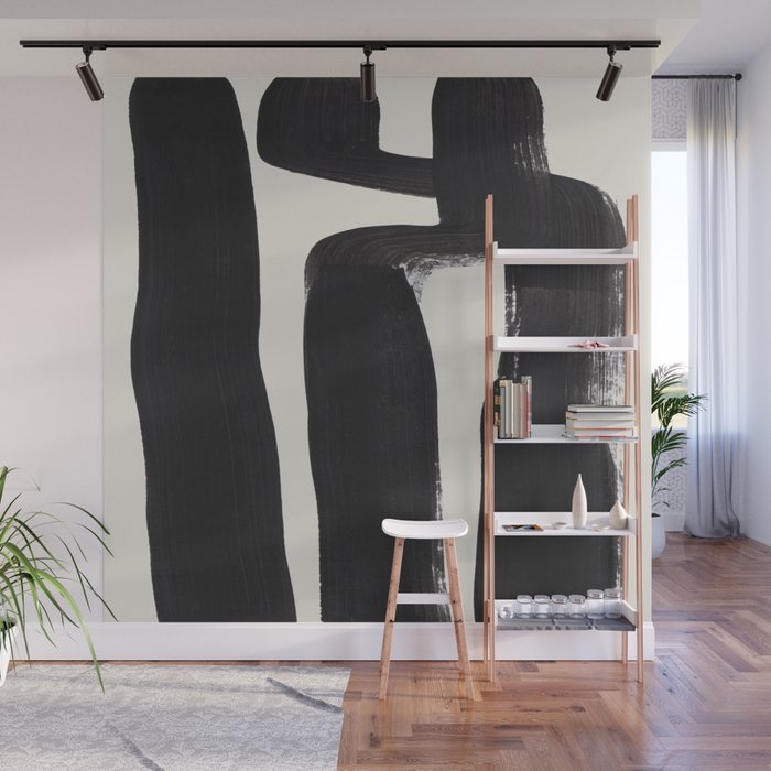 Mid Century Modern Minimalist Abstract Art Brush Strokes Black & White Ink Art Ancient Stripes Wall Mural