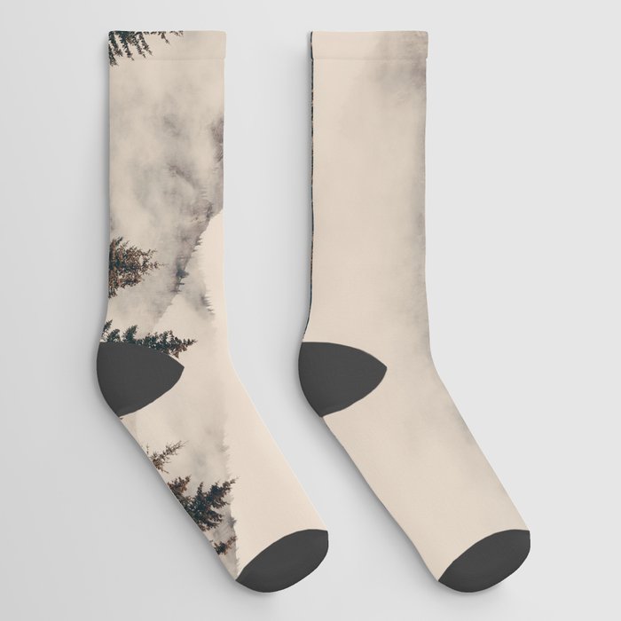 Banff national park foggy mountains and forest in Canada Socks