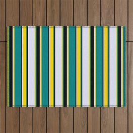 [ Thumbnail: Teal, Yellow, Lavender & Black Colored Striped Pattern Outdoor Rug ]
