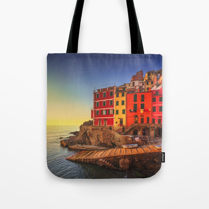 Riomaggiore town sunset in Cinque Terre, Italy Tote Bag
